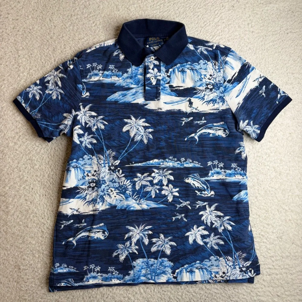 Polo Ralph Lauren Mens Medium Blue Tropical Island Marlin Palm Tree Polo Shirt